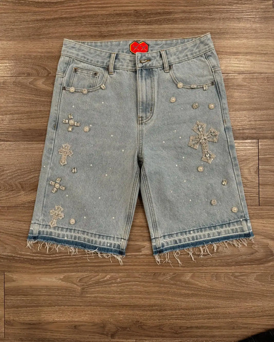Gothic Diamond Cross Embroidery Denim Shorts