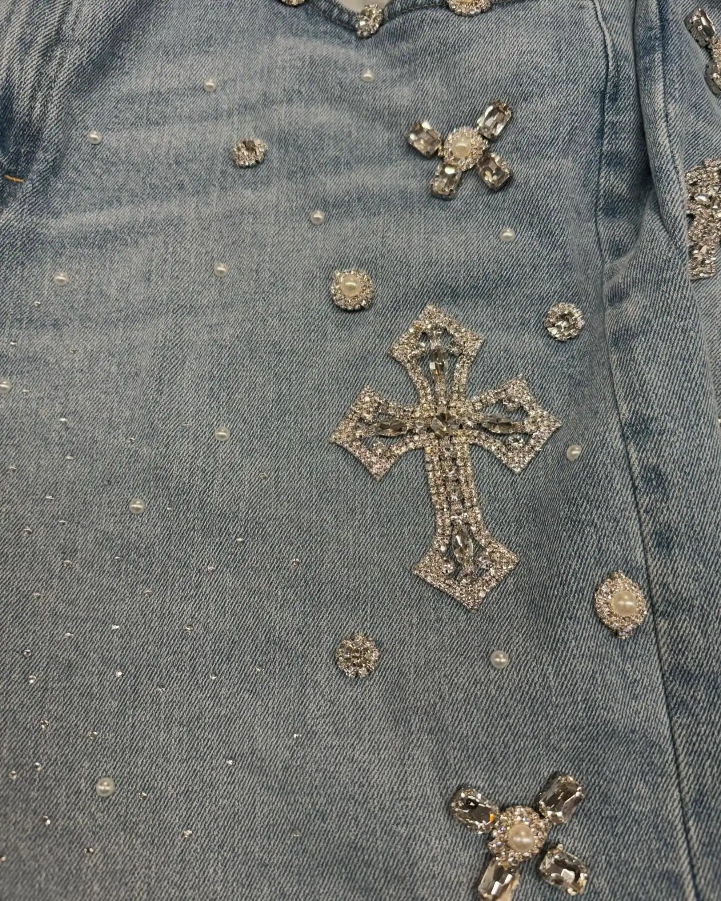 Gothic Diamond Cross Embroidery Denim Shorts